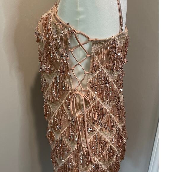 Akira Sequined Mini Dress Rose Gold NWOT Sheath Lace Up Sides Sz L Party Event - Picture 5 of 15